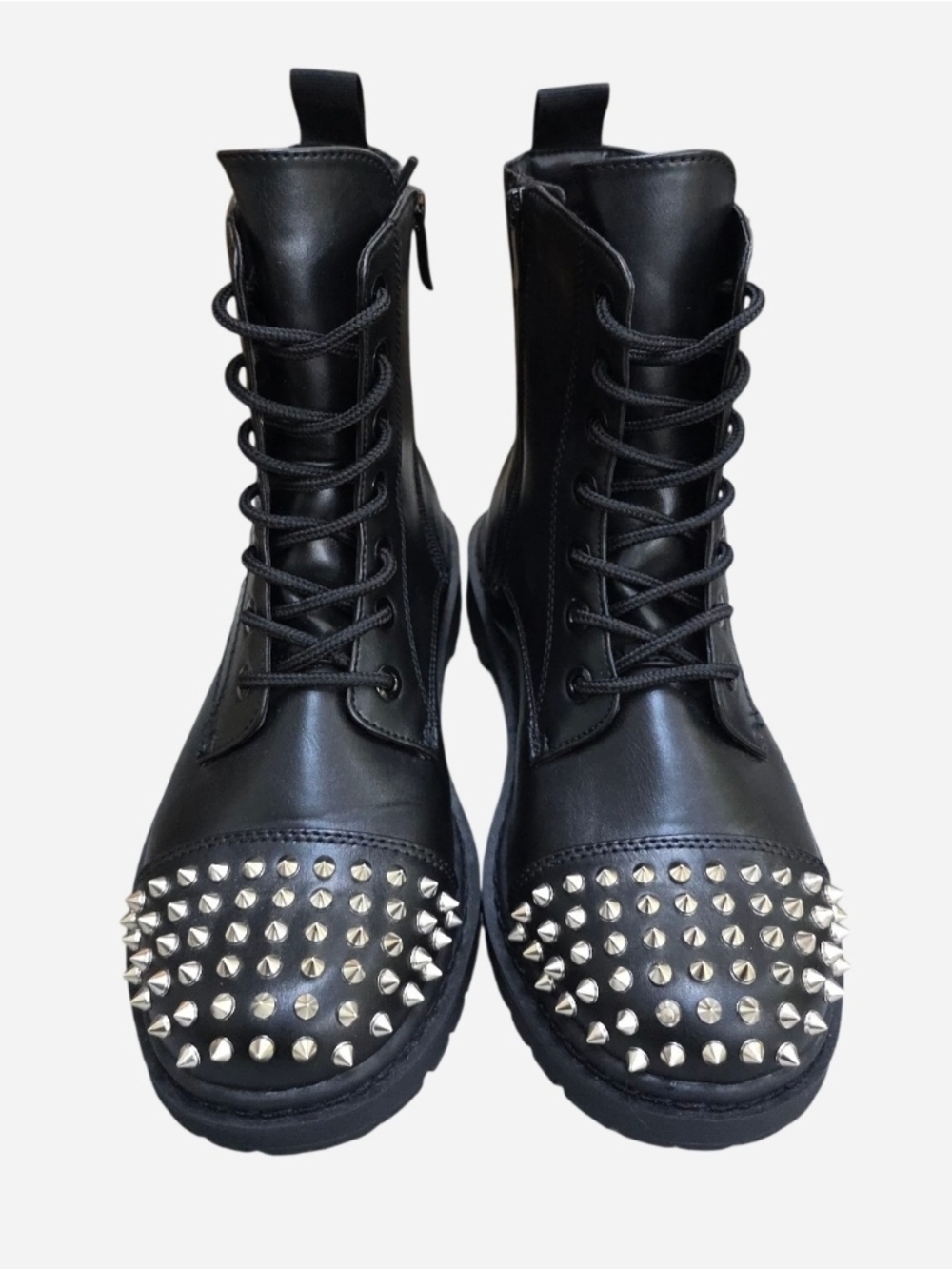 NWOT Torrid Black Faux Leather Spiked Toe Laceup Combat Boots, 8.5WW